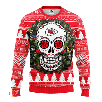 Ugly Christmas Sweater KCChiefs, Skull Flower Red/White