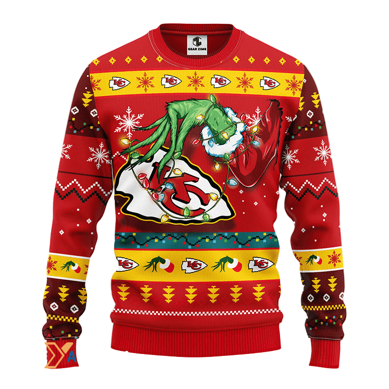 Ugly Christmas Sweater KCChiefs, Grinch Yellow/Brown/Red