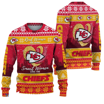 Ugly Christmas Sweater KCChiefs, Grinch Christmas KCChiefs In Heart Snowflakes City Shadow Red Yellow