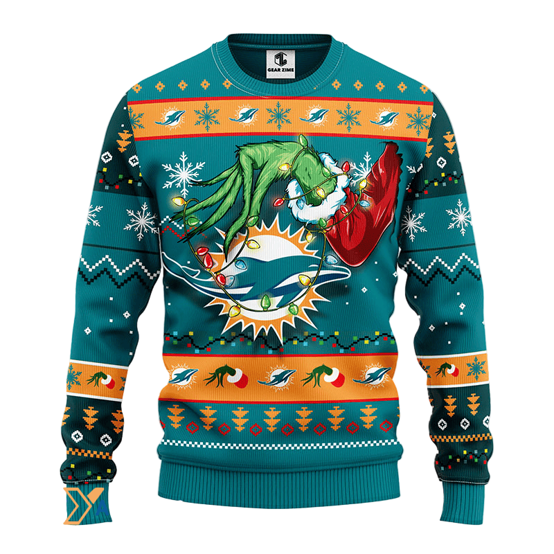 Ugly Christmas Sweater Miamidolphins, Grinch Light Green/Orange