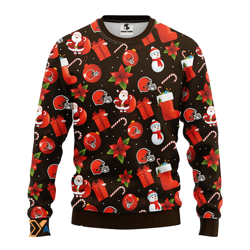 Ugly Christmas Sweater Cleveland-Browns, Santa Claus Snowman Brown