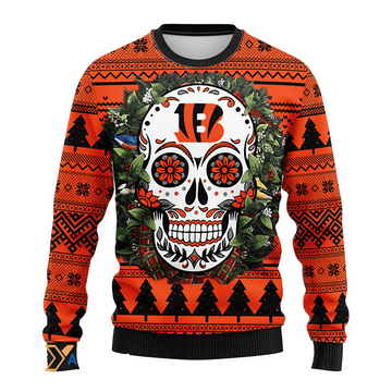 Ugly Christmas Sweater Cincinnati, Skull Flower Black/Orange