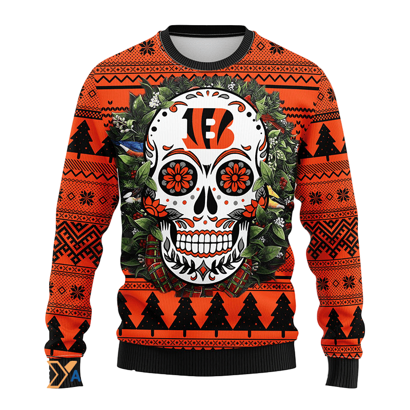 Ugly Christmas Sweater Cincinnati, Skull Flower Black/Orange