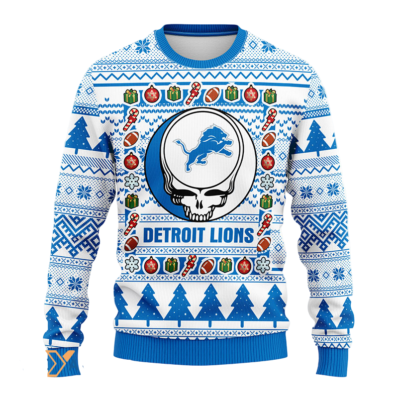 Ugly Christmas Sweater Detroit-Lions, Skull Blue/White