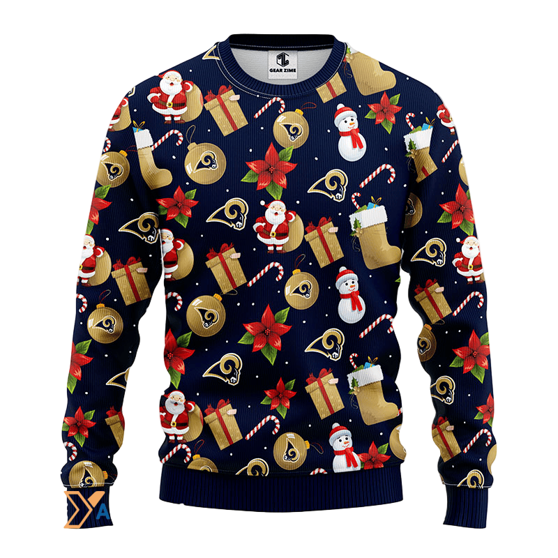 Ugly Christmas Sweater Los-Angeles Rams, Santa Claus Snowman Blue