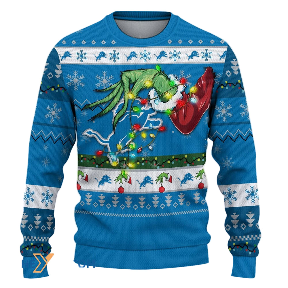 Ugly Christmas Sweater Detroit-Lions, Go Detroit-Lions Grinch Christmas Snowflakes Navy