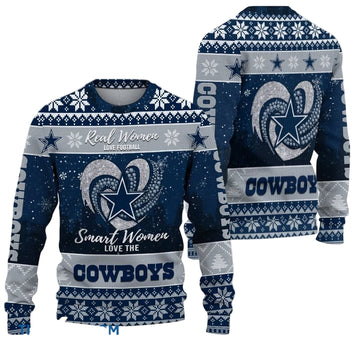 Ugly Christmas Sweater Dallas-Cowboys, Grinch Christmas Dallas-Cowboys In Heart Snowflakes City Shadow Navy Gray