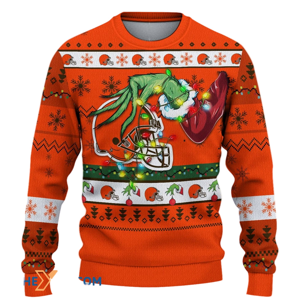 Ugly Christmas Sweater Cleveland-Browns, Go Cleveland-Browns Grinch Christmas Snowflakes Orange