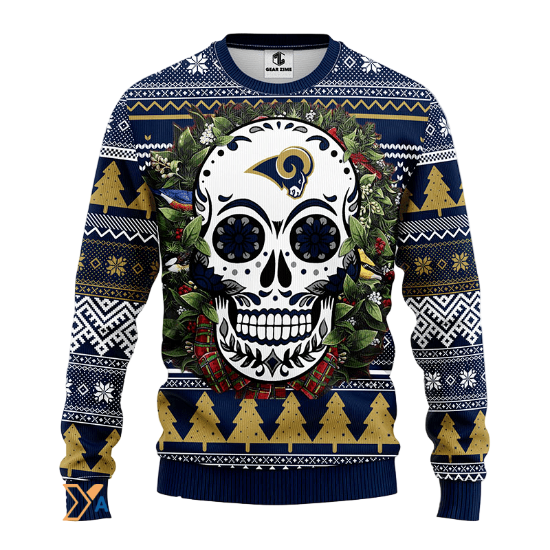 Ugly Christmas Sweater Los-Angeles Rams, Skull Flower Blue/Beige/White