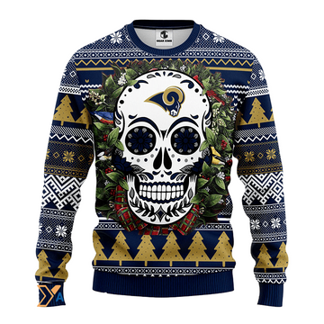 Ugly Christmas Sweater Los-Angeles Rams, Skull Flower Blue/Beige/White