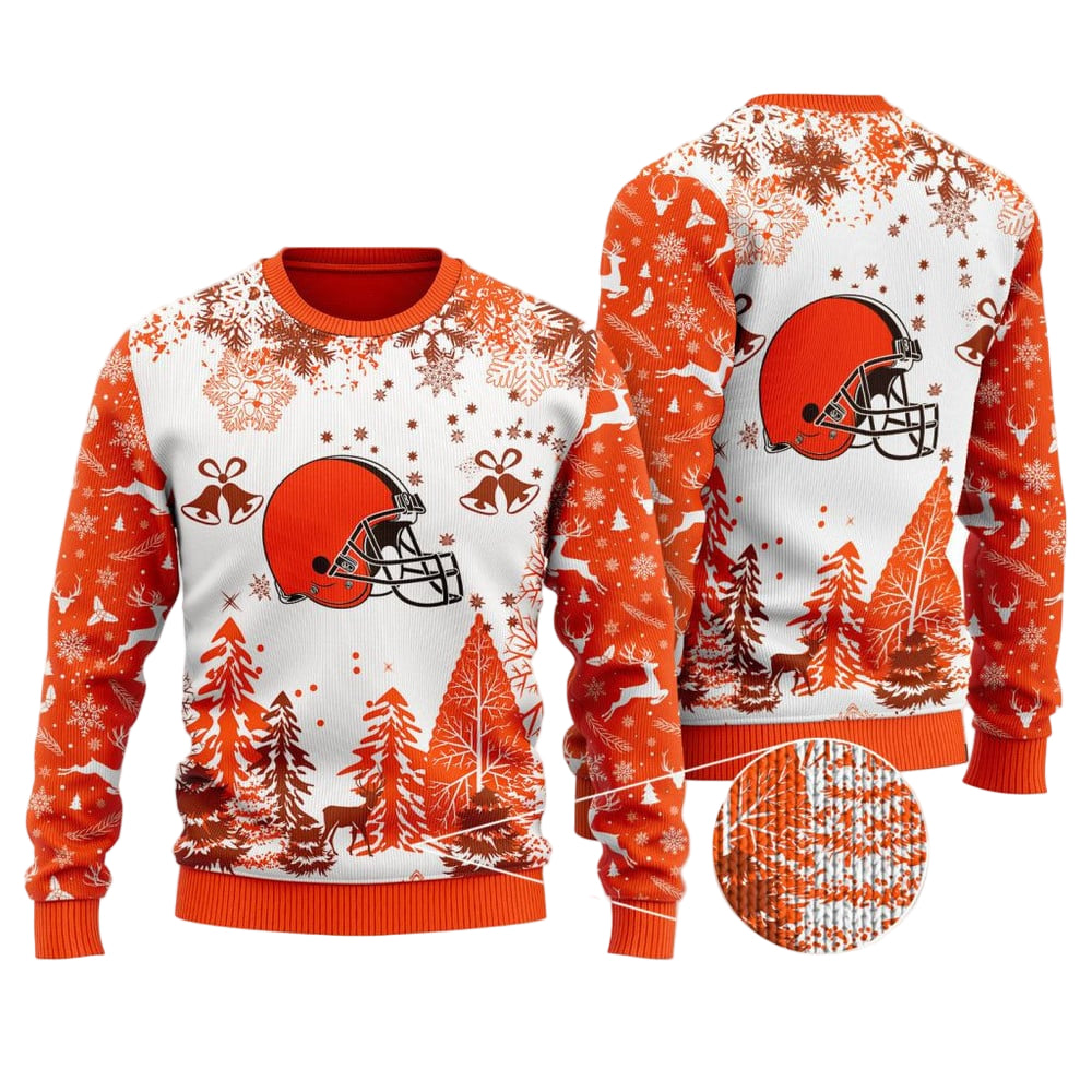 Ugly Christmas Sweater Cleveland-Browns, Dawg Pound Grinch Christmas Snowflakes Pine Tree White Orange