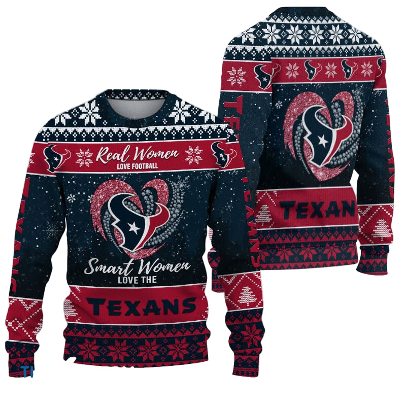 Ugly Christmas Sweater Houston-Texans, Grinch Christmas Houston-Texans In Heart Snowflakes City Shadow Steel Blue Red