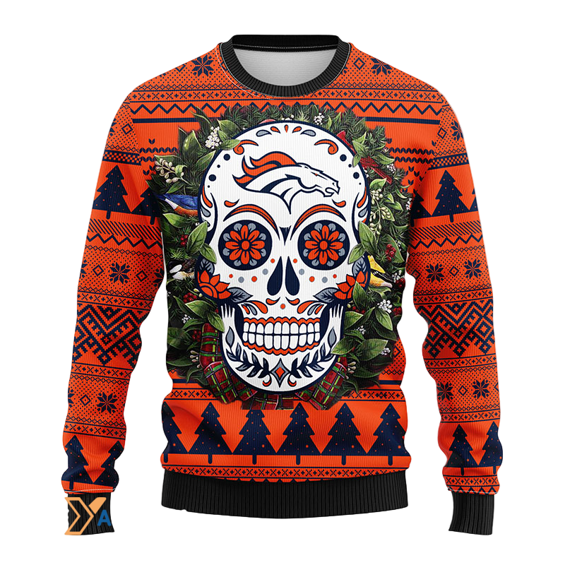 Ugly Christmas Sweater Denver-Broncos, Skull Flower Blue/Orange