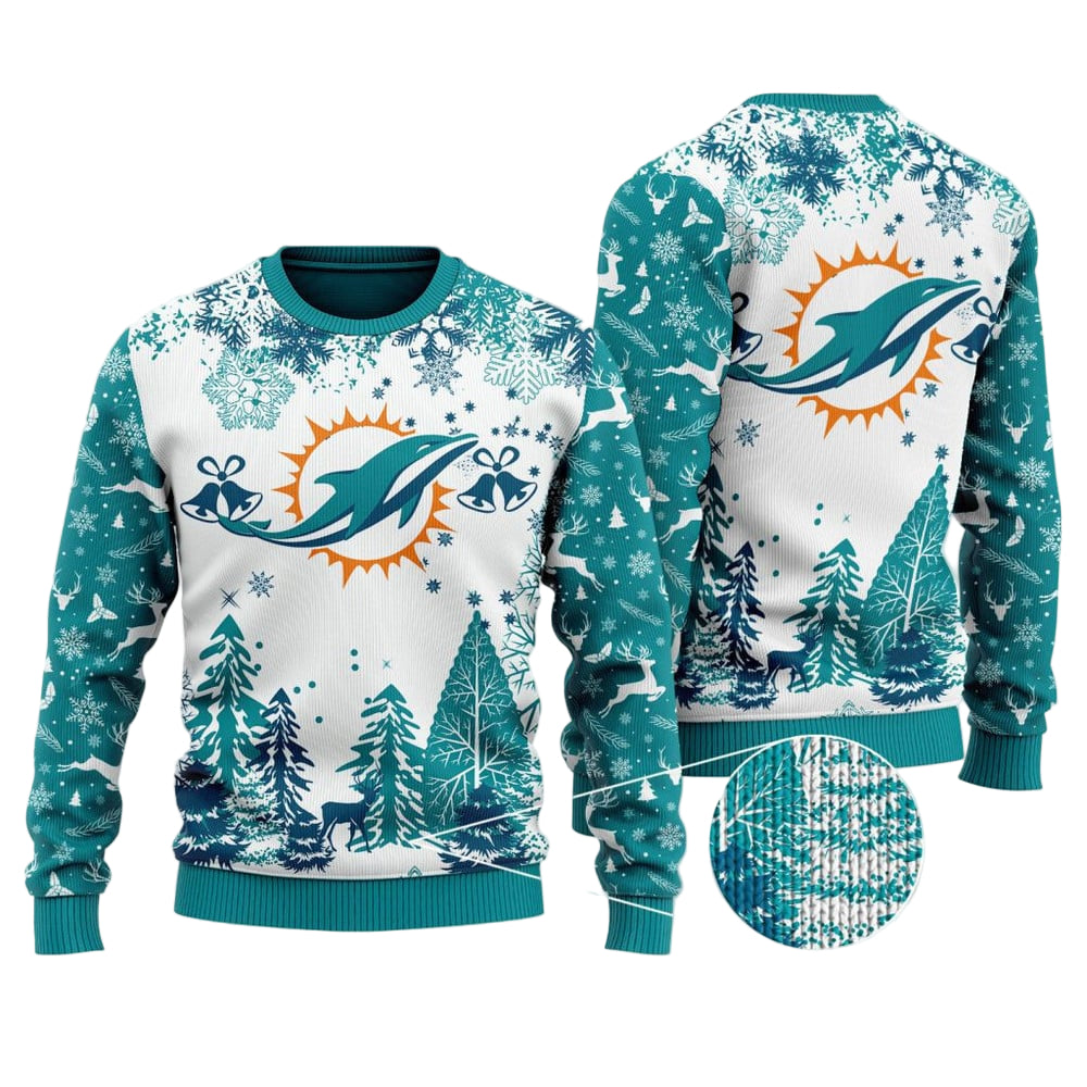 Ugly Christmas Sweater Miamidolphins, Miamidolphins Up Grinch Christmas Snowflakes Pine Tree White Aqua