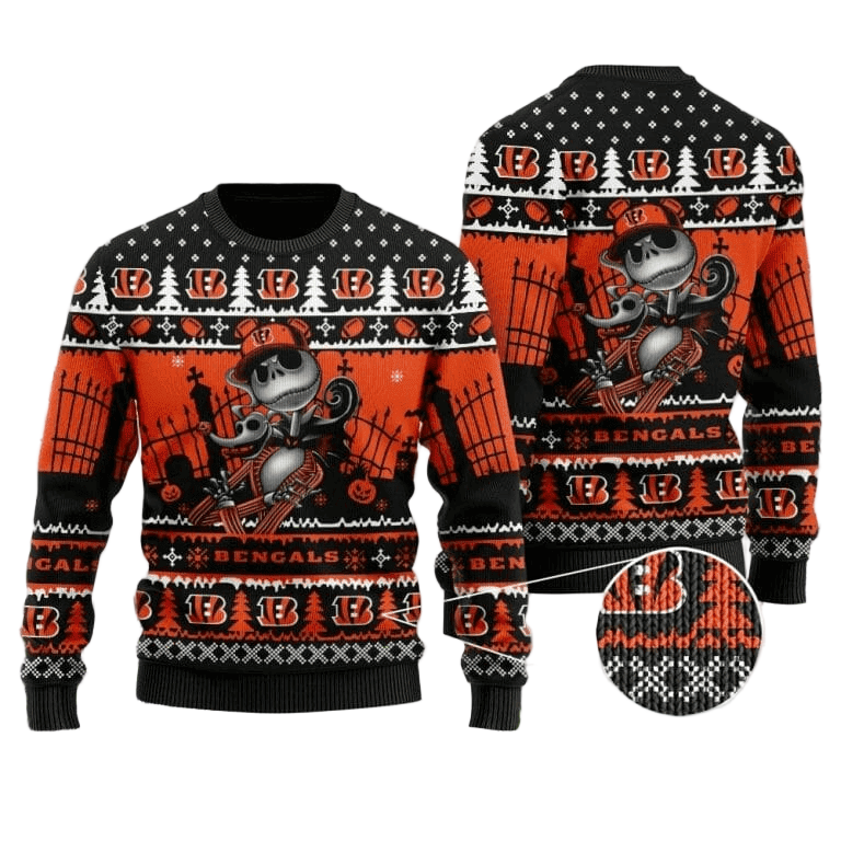 Ugly Christmas Sweater Cincinnati, Skellington Orange/Black/White