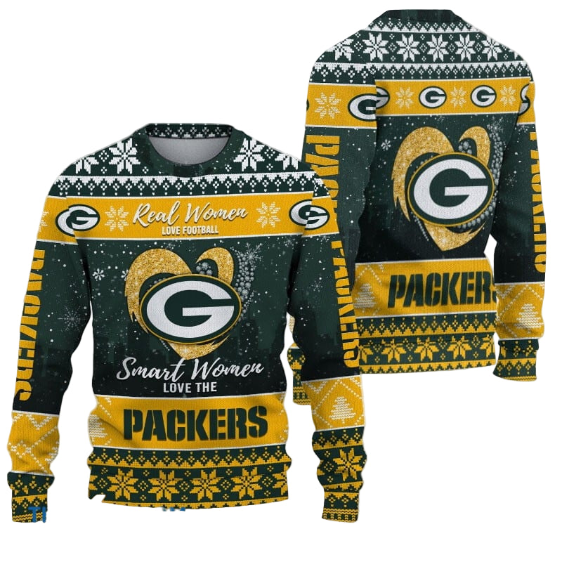 Ugly Christmas Sweater Green-Bay-Packers, Grinch Christmas Green-Bay-Packers In Heart Snowflakes City Shadow Green Yellow