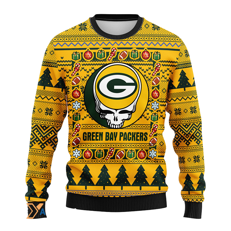 Ugly Christmas Sweater Green-Bay-Packers, Skull Green/Yellow