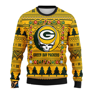 Ugly Christmas Sweater Green-Bay-Packers, Skull Green/Yellow