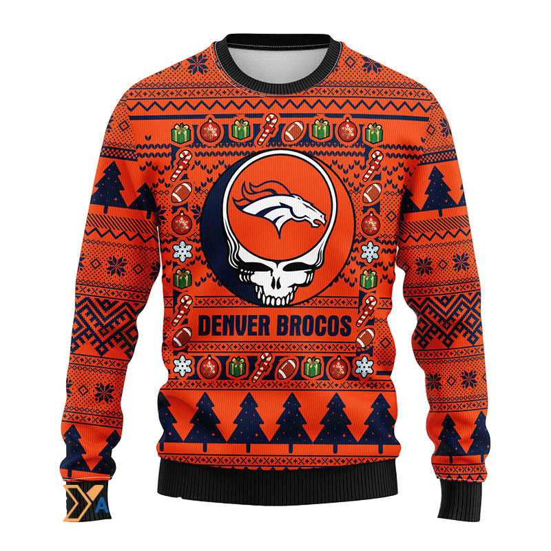 Ugly Christmas Sweater Denver-Broncos, Skull Black/Orange