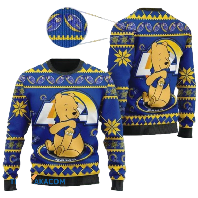 Ugly Christmas Sweater Los-Angeles Rams, Cute Pooh Bear Blue/Yellow