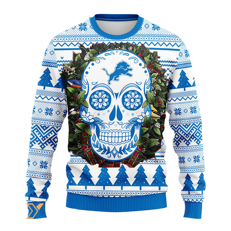 Ugly Christmas Sweater Detroit-Lions, Skull Flower Blue/White