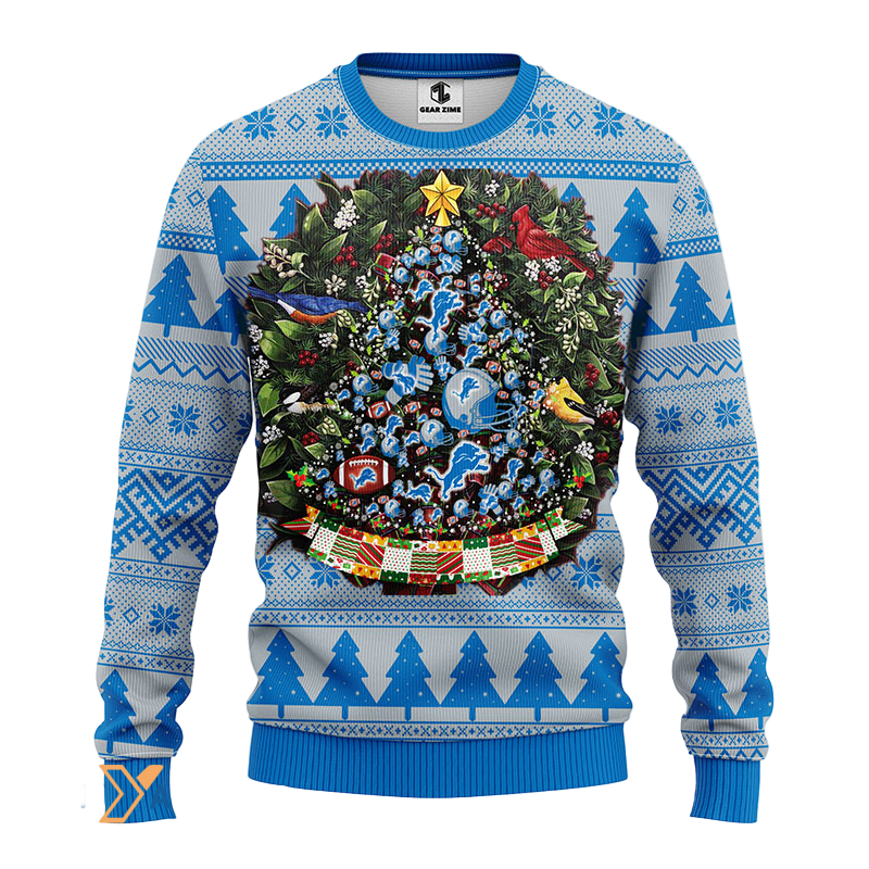 Ugly Christmas Sweater Detroit-Lions, Tree Ball Christmas Blue/Grey