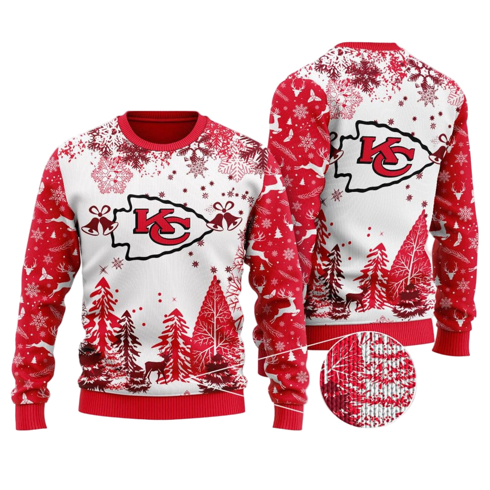 Ugly Christmas Sweater KCChiefs, KCChiefs Kingdom Grinch Christmas Snowflakes Pine Tree White Red