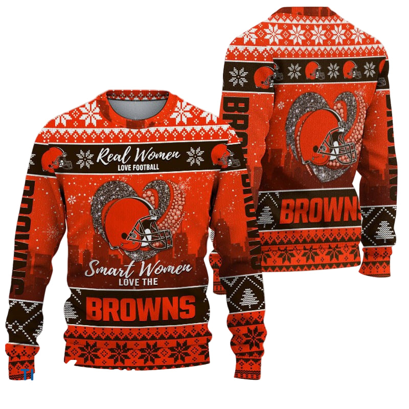 Ugly Christmas Sweater Cleveland-Browns, Grinch Christmas Cleveland-Browns In Heart Snowflakes City Shadow Orange
