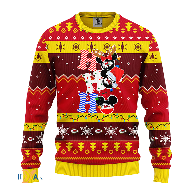 Ugly Christmas Sweater KCChiefs, HoHoHo Graphics Mouse Yellow/Brown/Red
