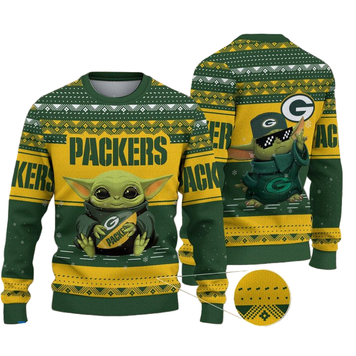 Ugly Christmas Sweater Green-Bay-Packers, Baby Yoda Green/Yellow