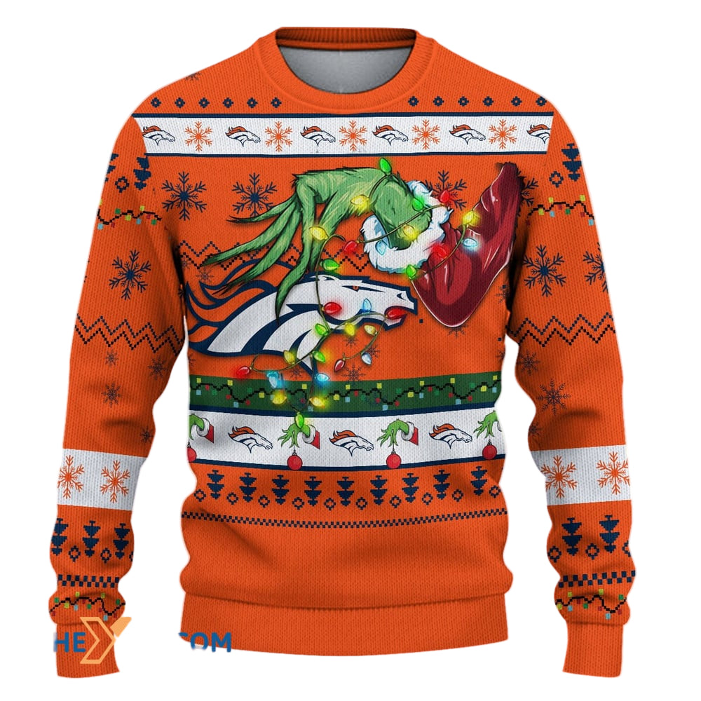 Ugly Christmas Sweater Denver-Broncos, United In Orange Grinch Christmas Snowflakes Orange