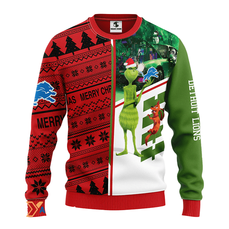 Ugly Christmas Sweater Detroit-Lions, Grinch Scooby-Doo Red/Green/White