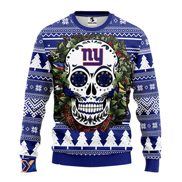 Ugly Christmas Sweater New-York-Giants, Skull Flower Blue/White