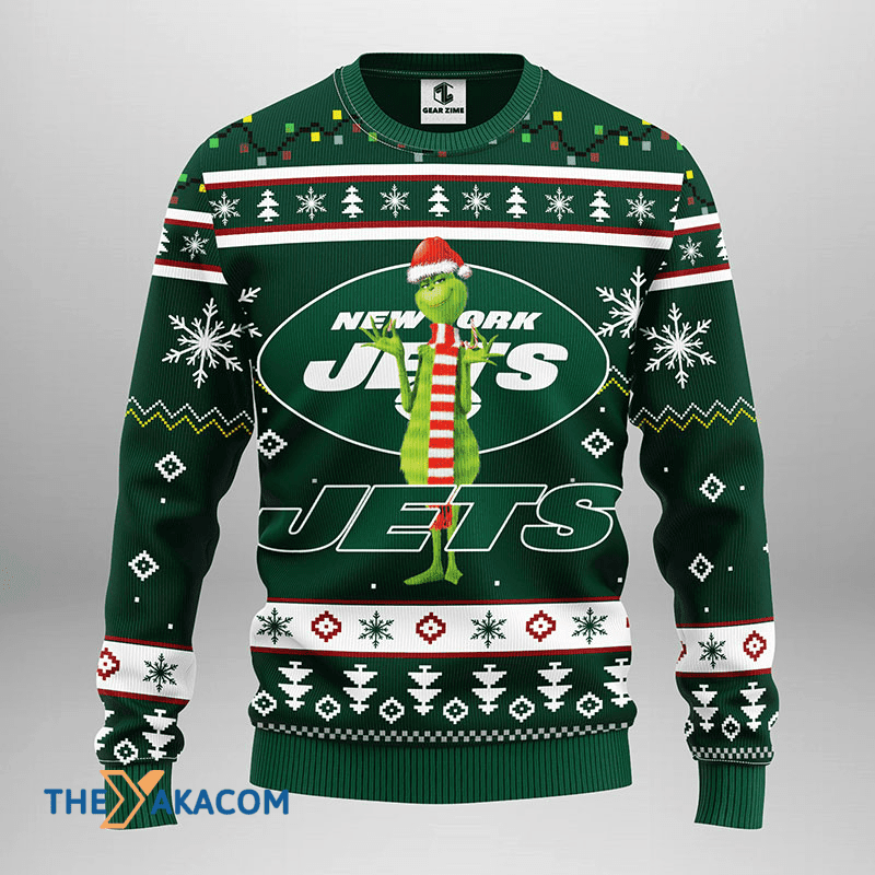 Ugly Christmas Sweater New-York-Jets, Grinch Green/White