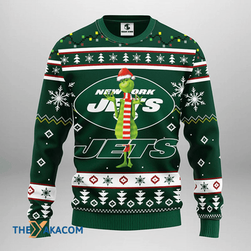Ugly Christmas Sweater New-York-Jets, Grinch Green/White