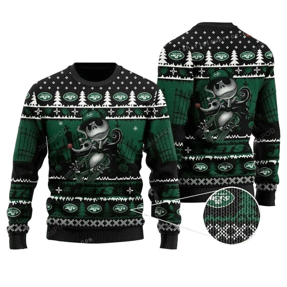 Ugly Christmas Sweater New-York-Jets, Skellington Green/White
