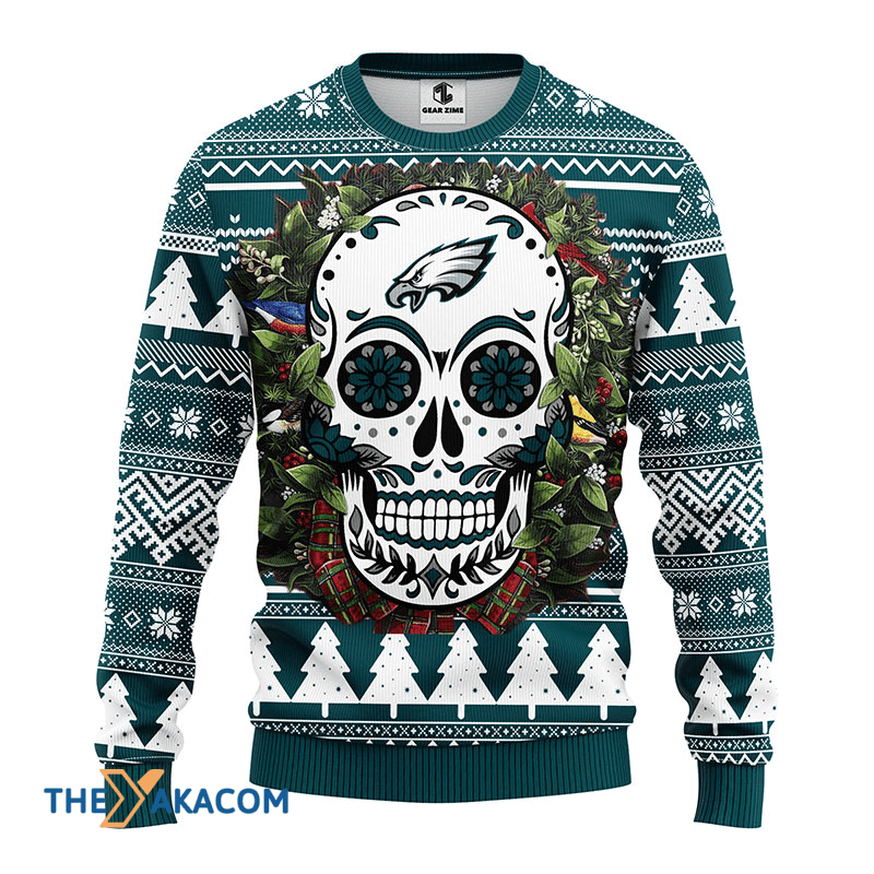 Ugly Christmas Sweater Philadelphia-Eagles, Skull Flower Green/White