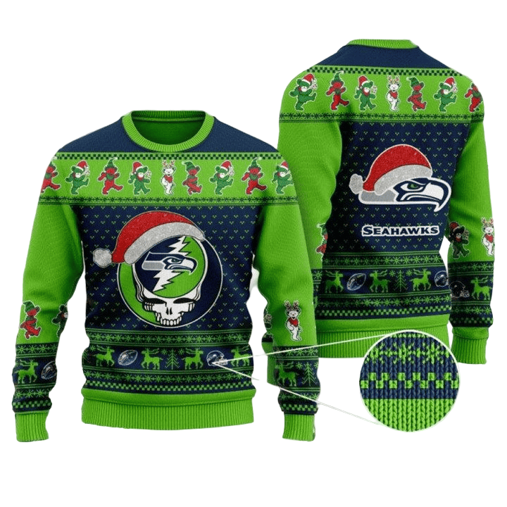 Ugly Christmas Sweater Seattle-Seahawks, Skull Blue/Green