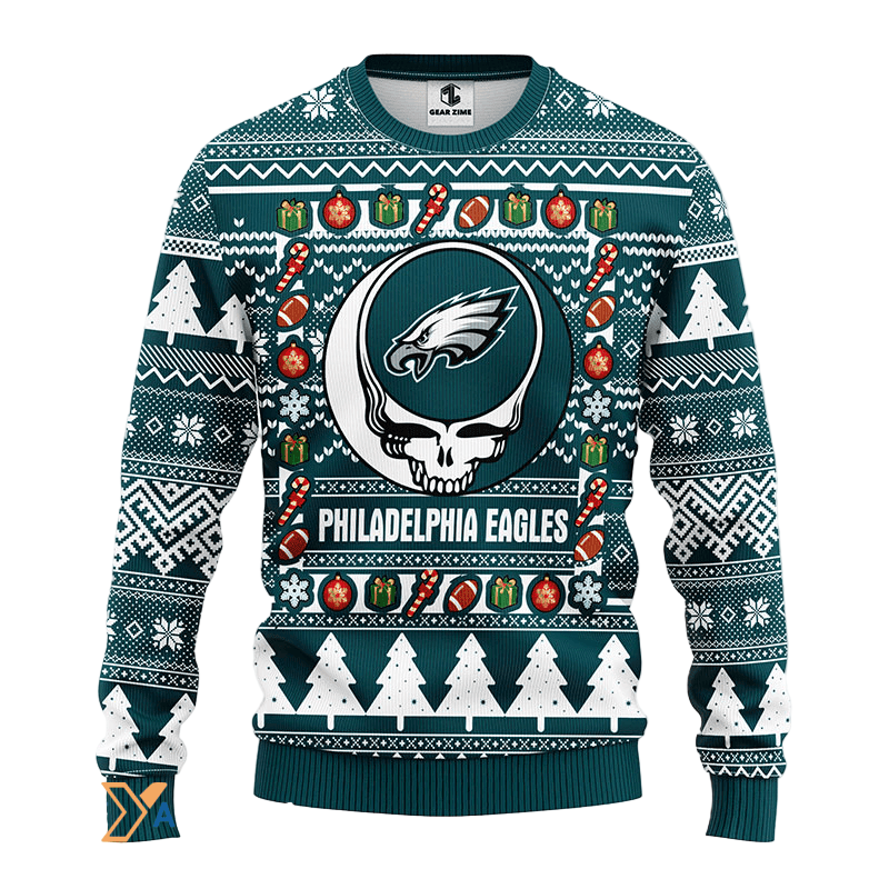 Ugly Christmas Sweater Philadelphia-Eagles, Skull Dark Green/White