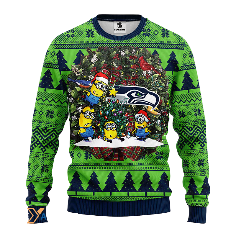 Ugly Christmas Sweater Seattle-Seahawks, Minion Blue/Green