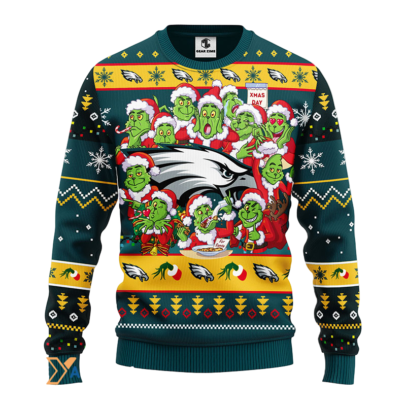 Ugly Christmas Sweater Philadelphia-Eagles, 12 Grinch Dark Green/Yellow
