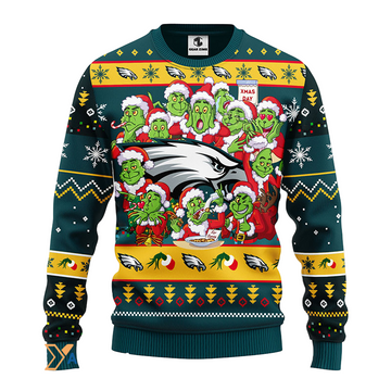 Ugly Christmas Sweater Philadelphia-Eagles, 12 Grinch Dark Green/Yellow