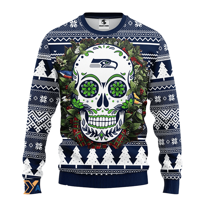Ugly Christmas Sweater Seattle-Seahawks, Skull Flower Blue/White