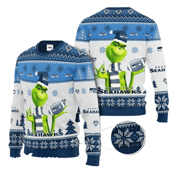 Ugly Christmas Sweater Seattle-Seahawks, The Grinch Blue/White