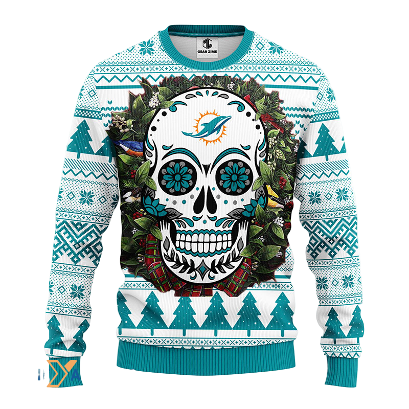 Ugly Christmas Sweater Miamidolphins, Skull Flower Green/White