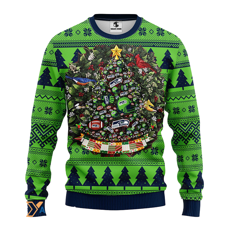 Ugly Christmas Sweater Seattle-Seahawks, Tree Ball Christmas Blue/Green