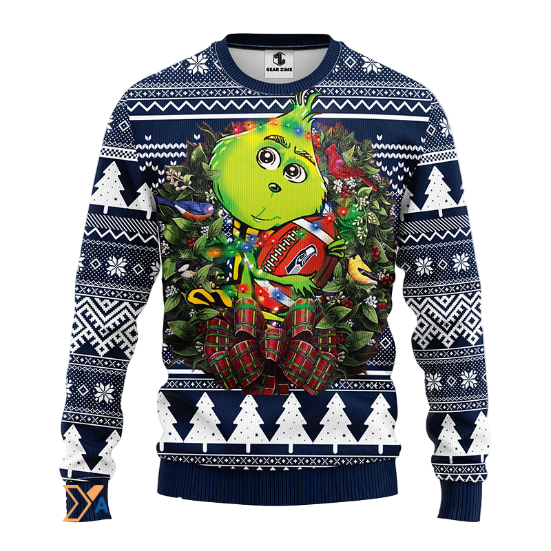 Ugly Christmas Sweater Seattle-Seahawks, Grinch Blue/White