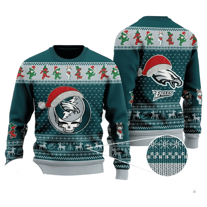 Ugly Christmas Sweater Philadelphia-Eagles, Skull Green/Grey