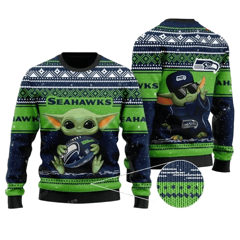 Ugly Christmas Sweater Seattle-Seahawks, Baby Yoda Blue/Green