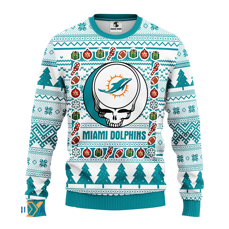 Ugly Christmas Sweater Miamidolphins, Skull Light Blue/White